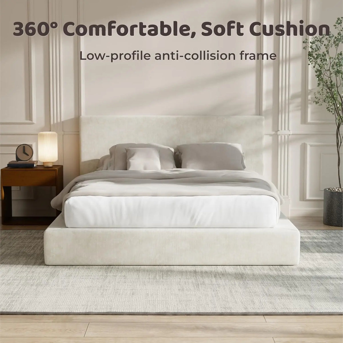 Modern Upholstered Platform Bed Frame With Foam Padded Headboard