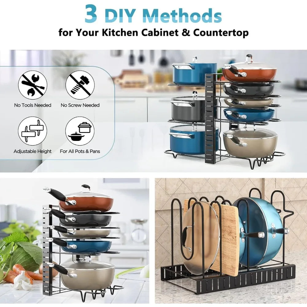 Adjustable Pots And Pans Organizer Rack For Kitchen Cabinets
