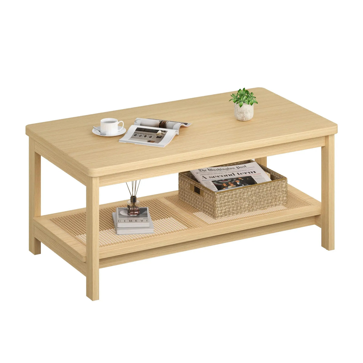HiMISS Mid Century Modern Two Tier Rattan Storage Coffee Table