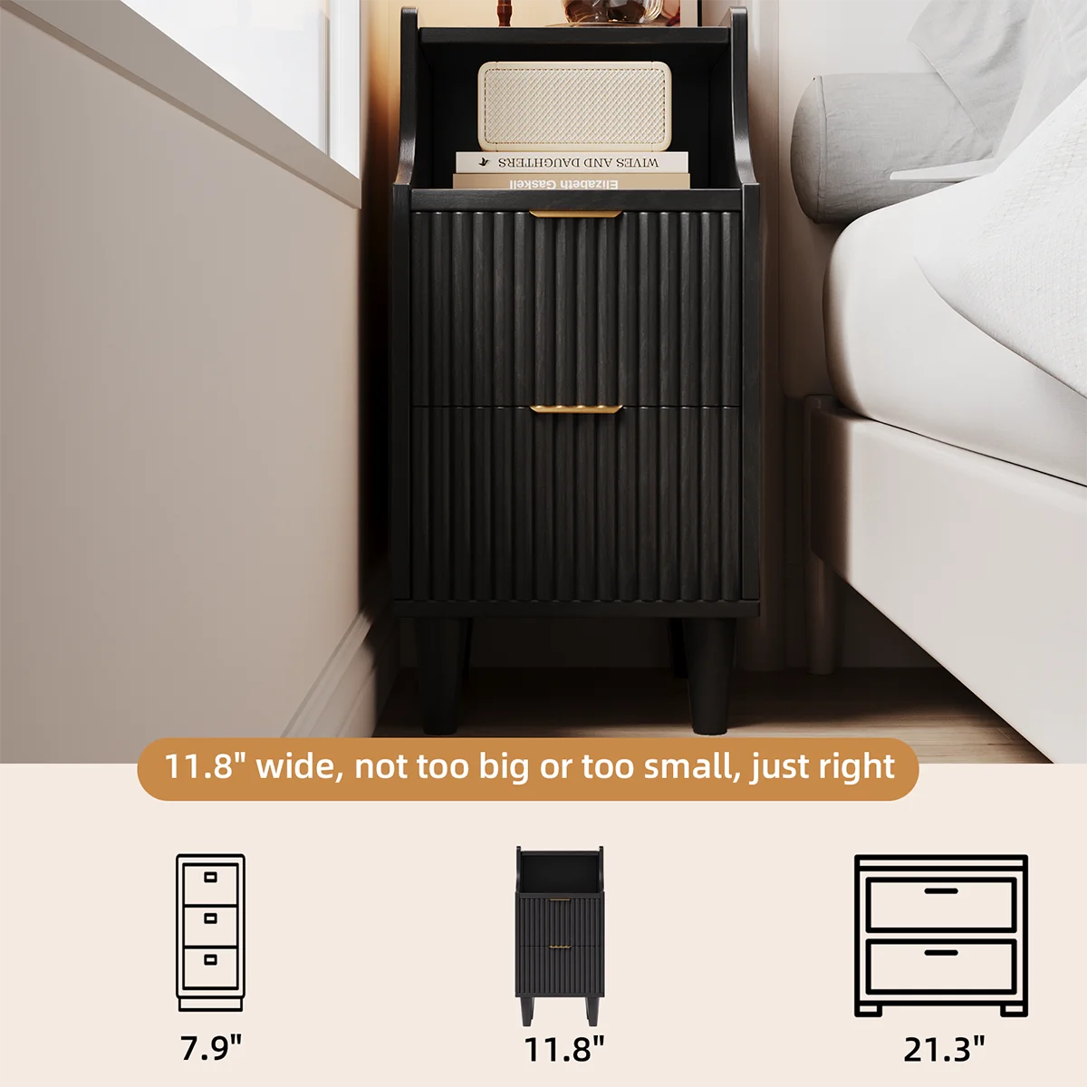 UGTOO Modern Narrow Nightstand With Two Drawers And Open Shelf