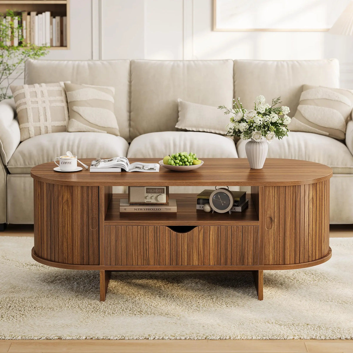 HiMiss Modern Fluted Wood Oval Coffee Table With Storage