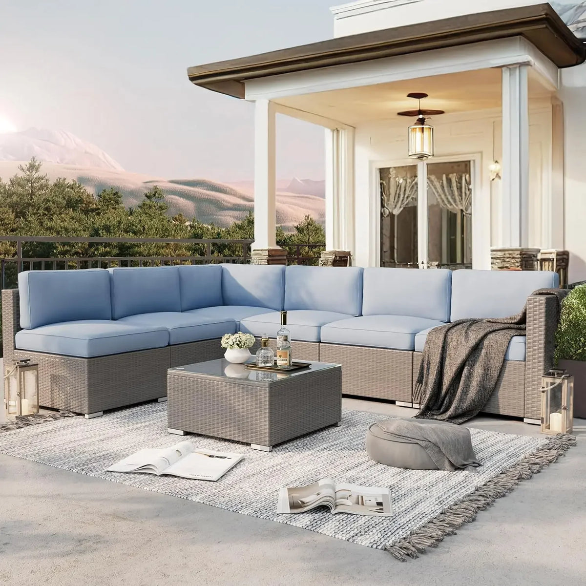 Outdoor Bamboo Patio Sectional Sofa Set with Coffee Table
