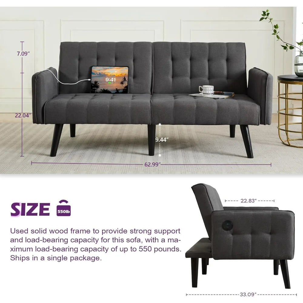 TYBOATLE Tufted Adjustable Futon Sofa Bed With USB Charging Ports