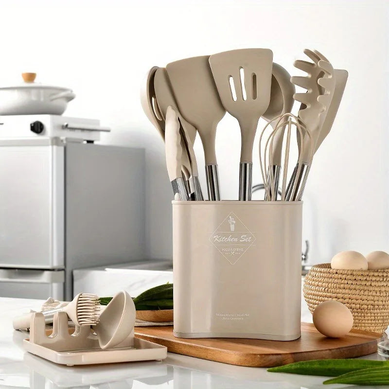 Heat Resistant Silicone Cooking Utensil Set With Stainless Steel Handles