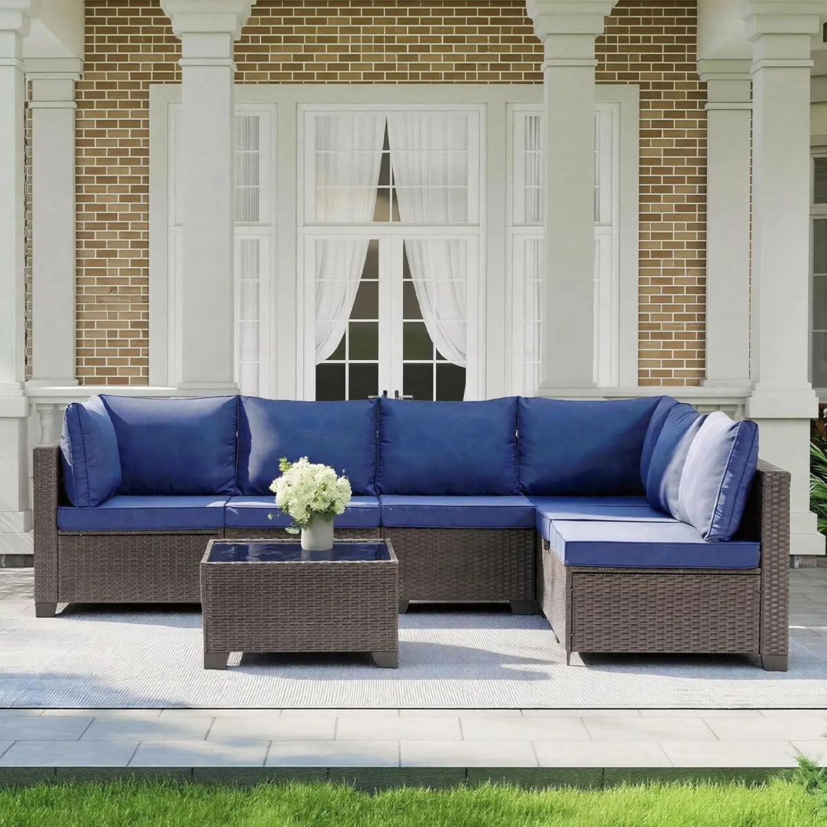 Xiaolang Outdoor Patio Sectional Sofa With Glass Table And Cushions