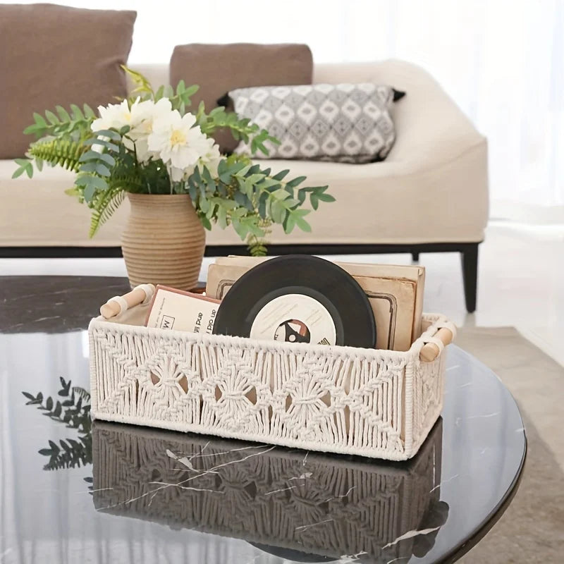 Bohemian Hand Woven Rattan Storage Basket For Bathroom Bedroom Decor