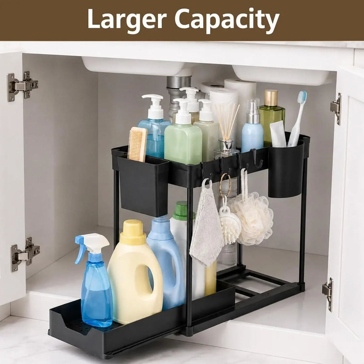 Under Sink Two Tier Pull Out Organizer With Baskets And Hooks