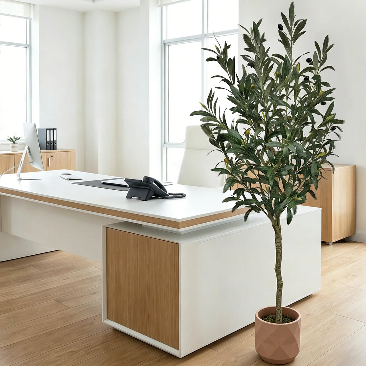 Artificial Olive Tree with Planter, Realistic Faux Silk Plant with Wood Trunk & Lifelike Fruits, Tall Fake Potted Olive Tree for Home Office Living Room Decor