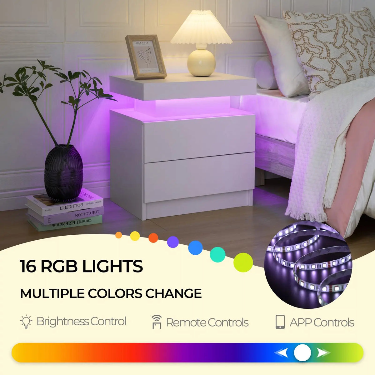 Cubehom LED Nightstand With Two Drawers And Adjustable RGB Lights