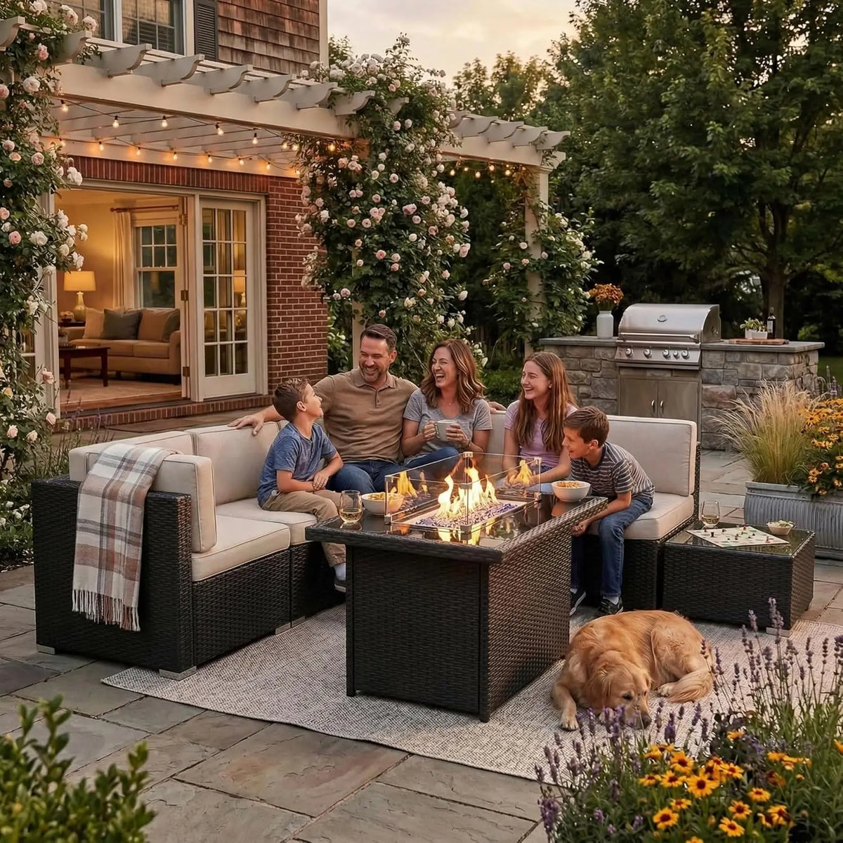 Xiaolang Outdoor Wicker Patio Sofa Set With Fire Pit Table