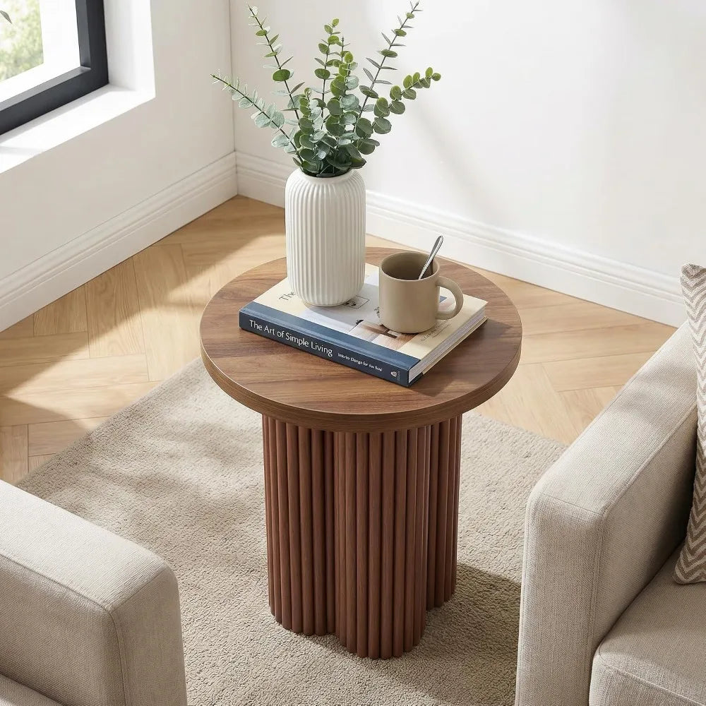 Mid Century Modern Solid Wood Round Fluted End Table