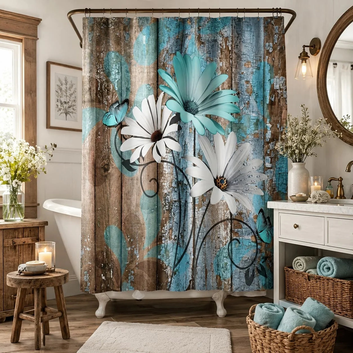 Farmhouse Daisy Floral Shower Curtain With Hooks, Rustic Garden Decor