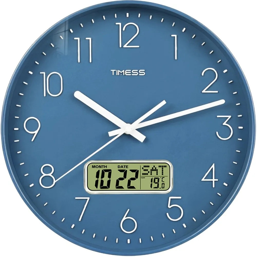 TIMESS Quartz Wall Clock with Date Display, Available In 10/12/14 Inch Sizes And 4 Colors, Features 3D Numerals And An LCD Displ