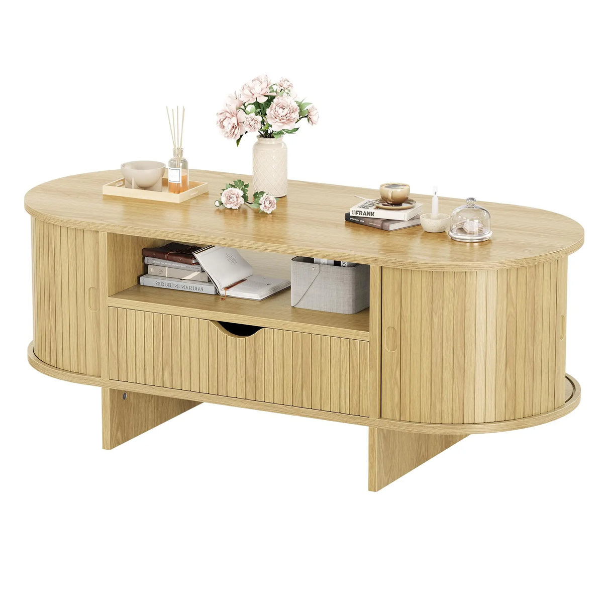 HiMiss Modern Fluted Wood Oval Coffee Table With Storage