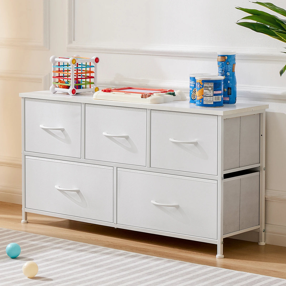 JHK Modern 5 Fabric Drawer Steel Frame Display Cabinet