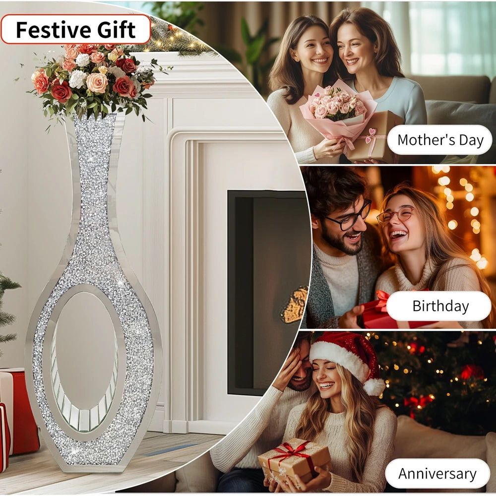 Tall Mirrored Glass Floor Vase Decorative Crush Diamond Design