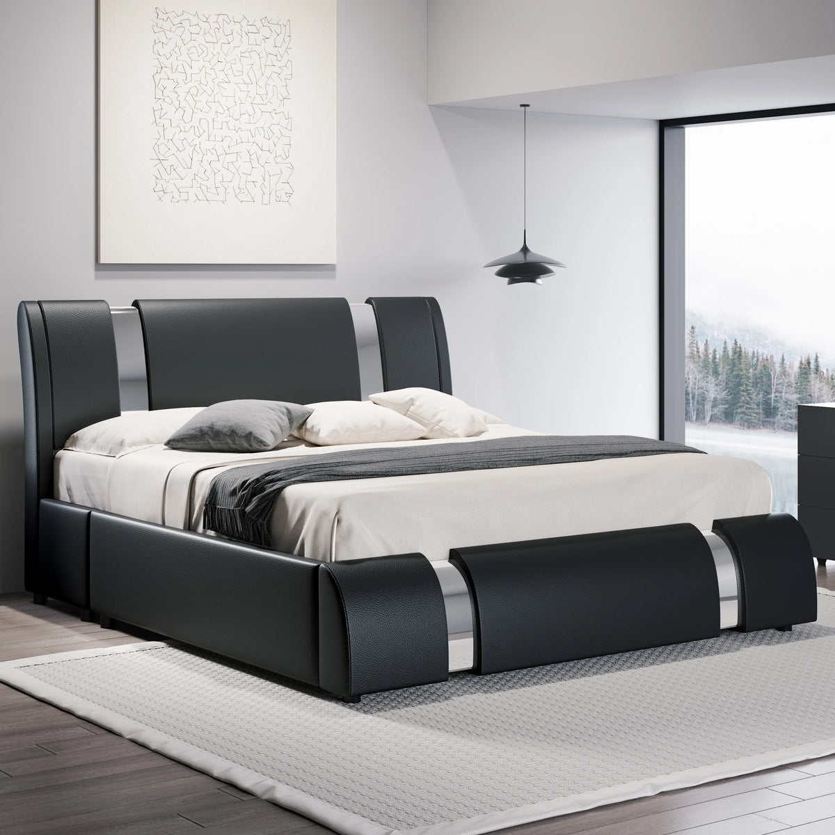 HOOMIC Modern Faux Leather Platform Bed With Adjustable Headboard