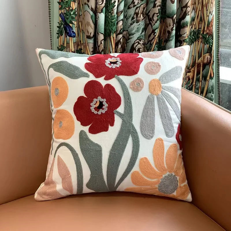 Floral Embroidered Cotton Blend Nordic Style Pillow Cover For Sofa
