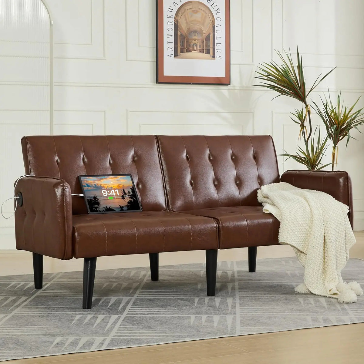 TYBOATLE Tufted Adjustable Futon Sofa Bed With USB Charging Ports
