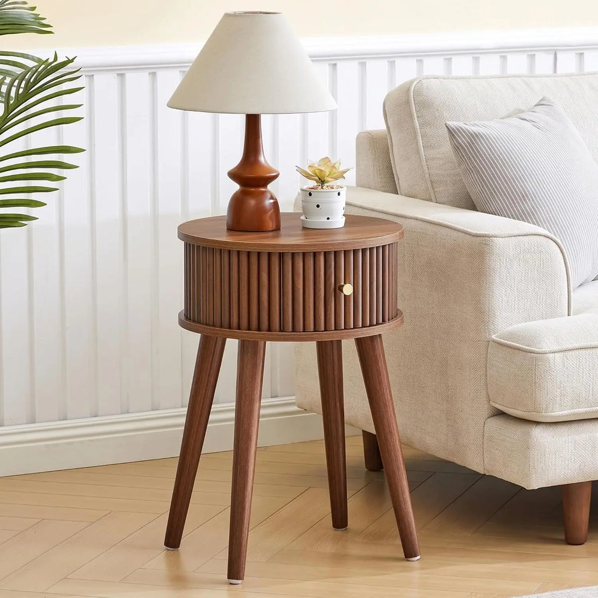 Mid Century Modern Round Fluted Side Table Set With Drawer