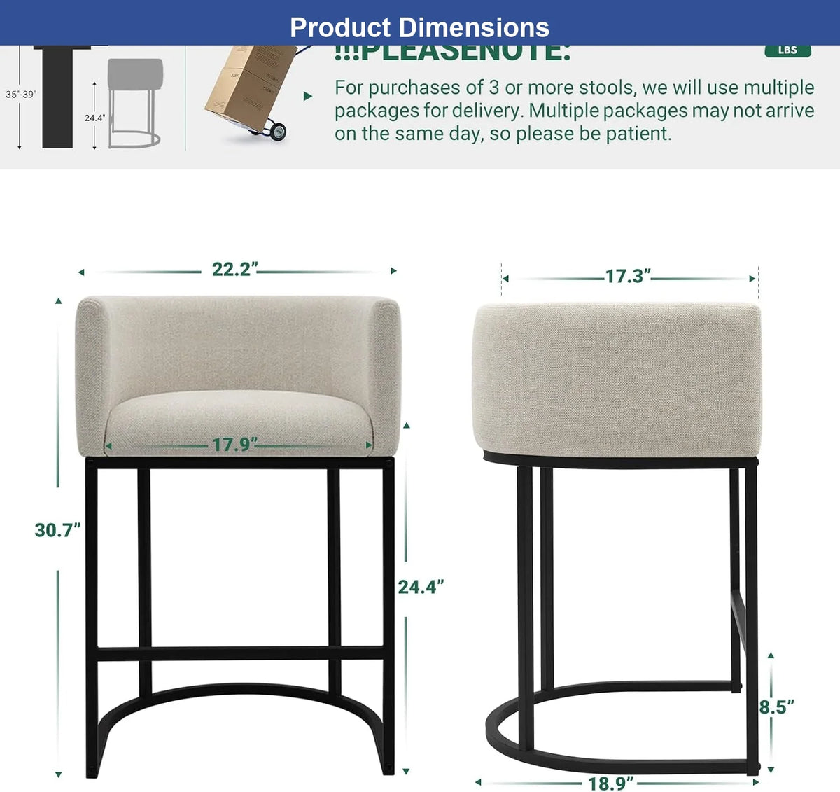 Counter Height Metal Linen Upholstered Low Back Bar Stools