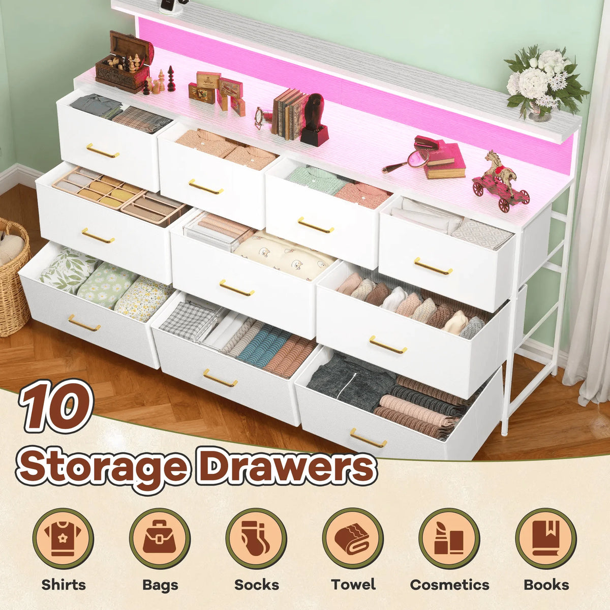 EnHomee 55 Inch Multi Function Dresser Ten Fabric Drawers Led Lighting