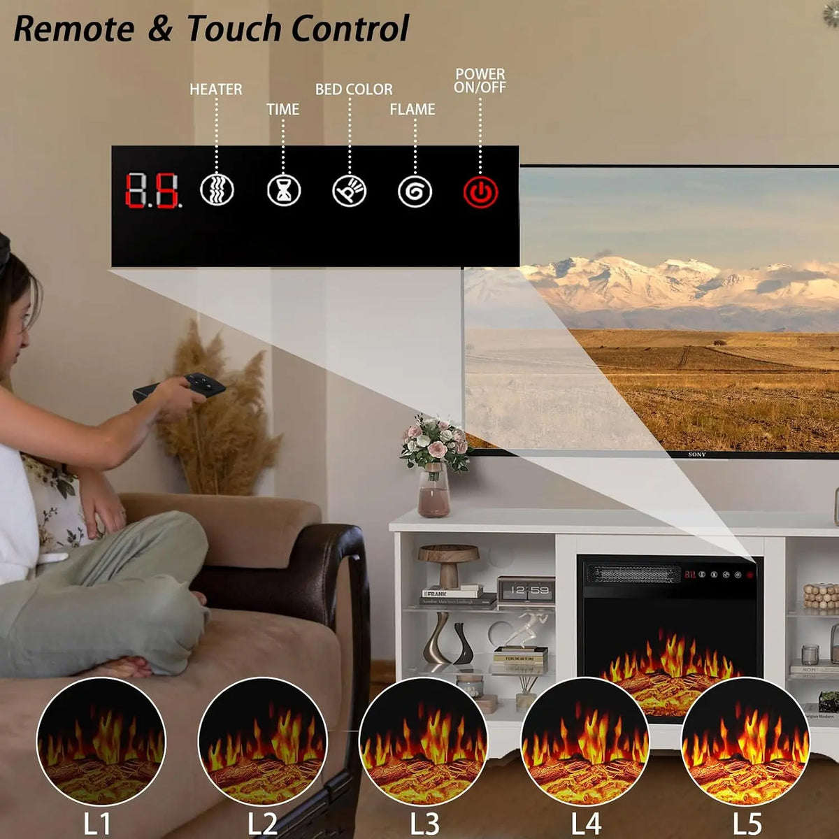 Fireplace TV Stand With Led Lights And Storage Entertainment Center