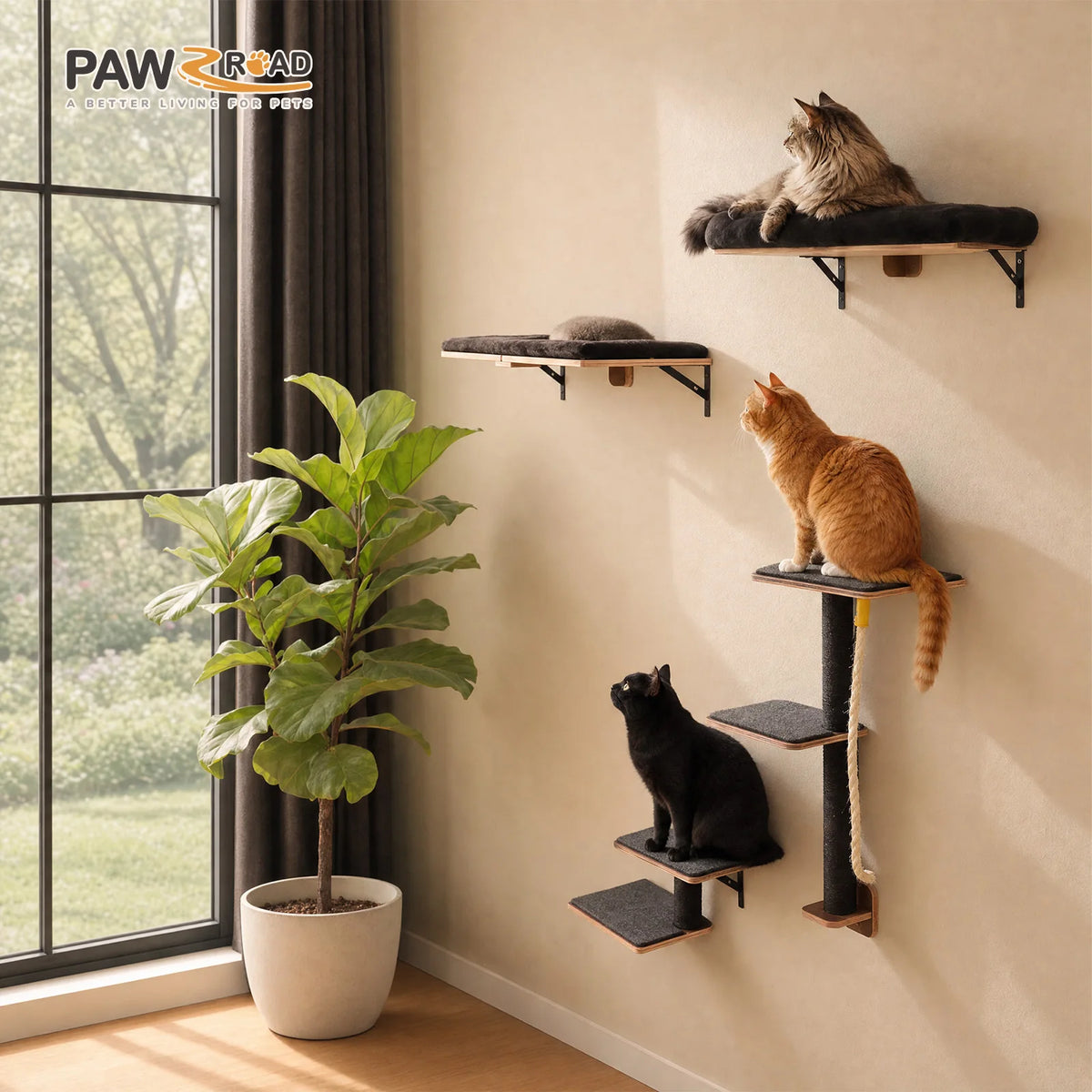 PAWZ Road Wooden Cat Climbing Wall Shelves Sisal Scraper Rope
