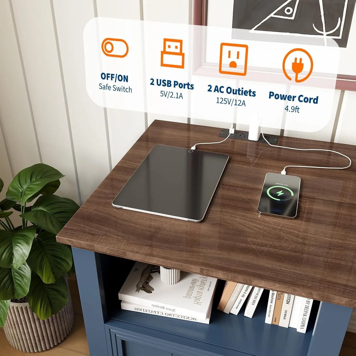 Modern Fluted Wood Nightstand With Usb Charging Station And Shelf