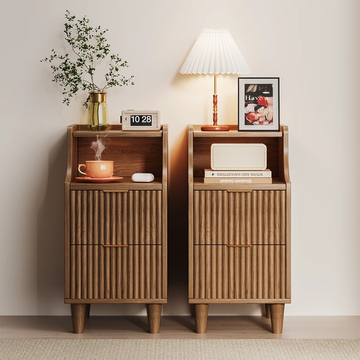 UGTOO Modern Narrow Nightstand With Two Drawers And Open Shelf