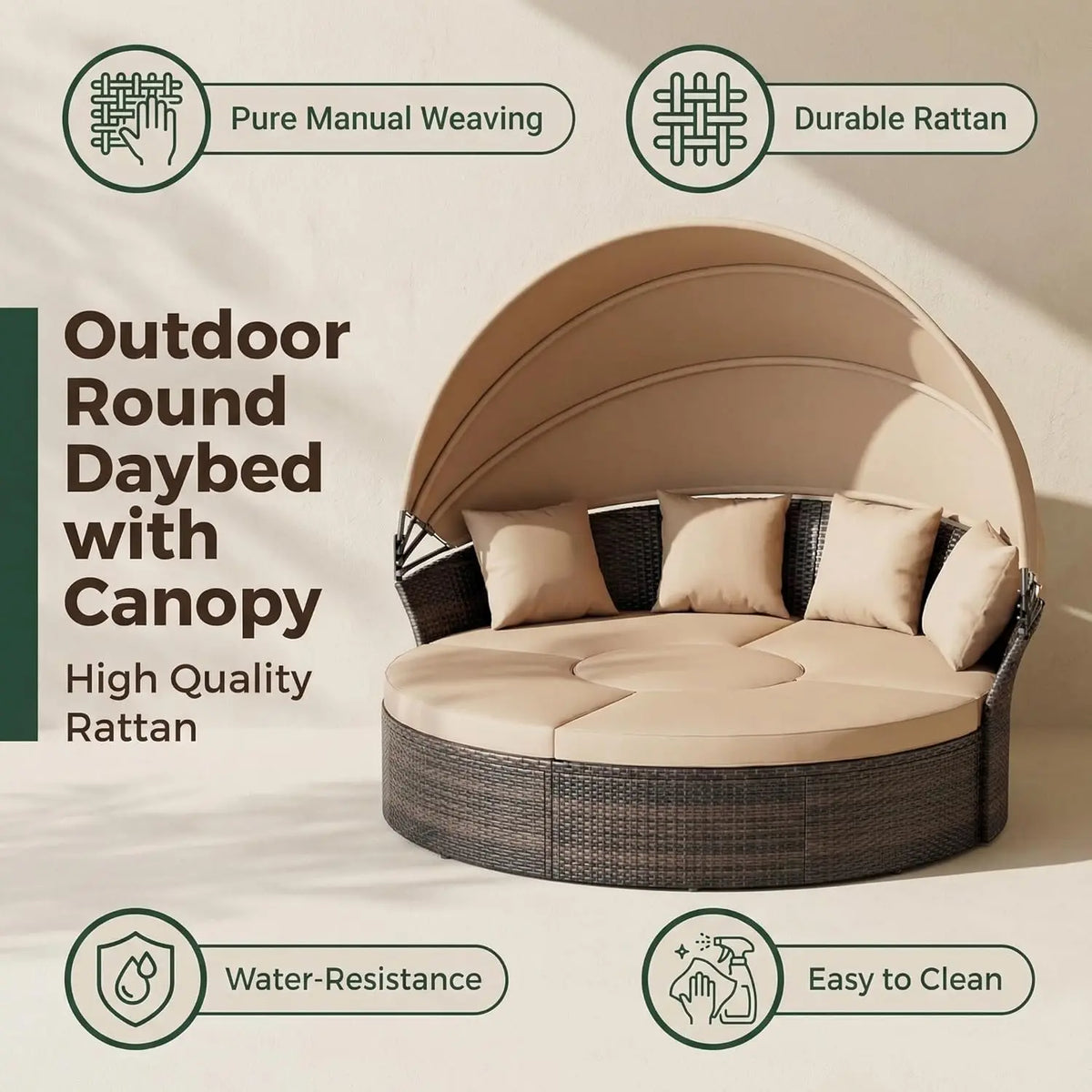 Outdoor Patio Daybed Retractable Canopy Wicker Rattan Sectional Round Sofa
