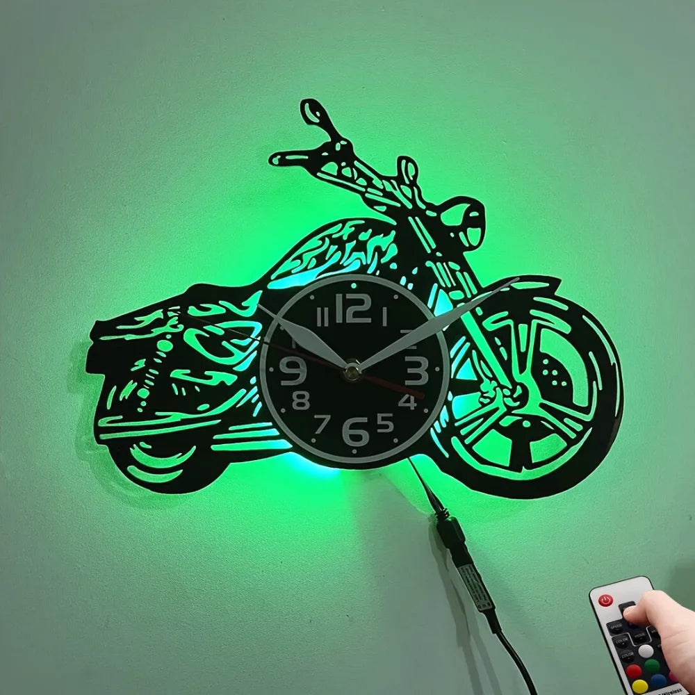 Motorcycle-Themed Wall Clock Featuring Silent Sweep Movement And Seven Color Night Light, Perfect for a 'S Room, for Man Cave, O
