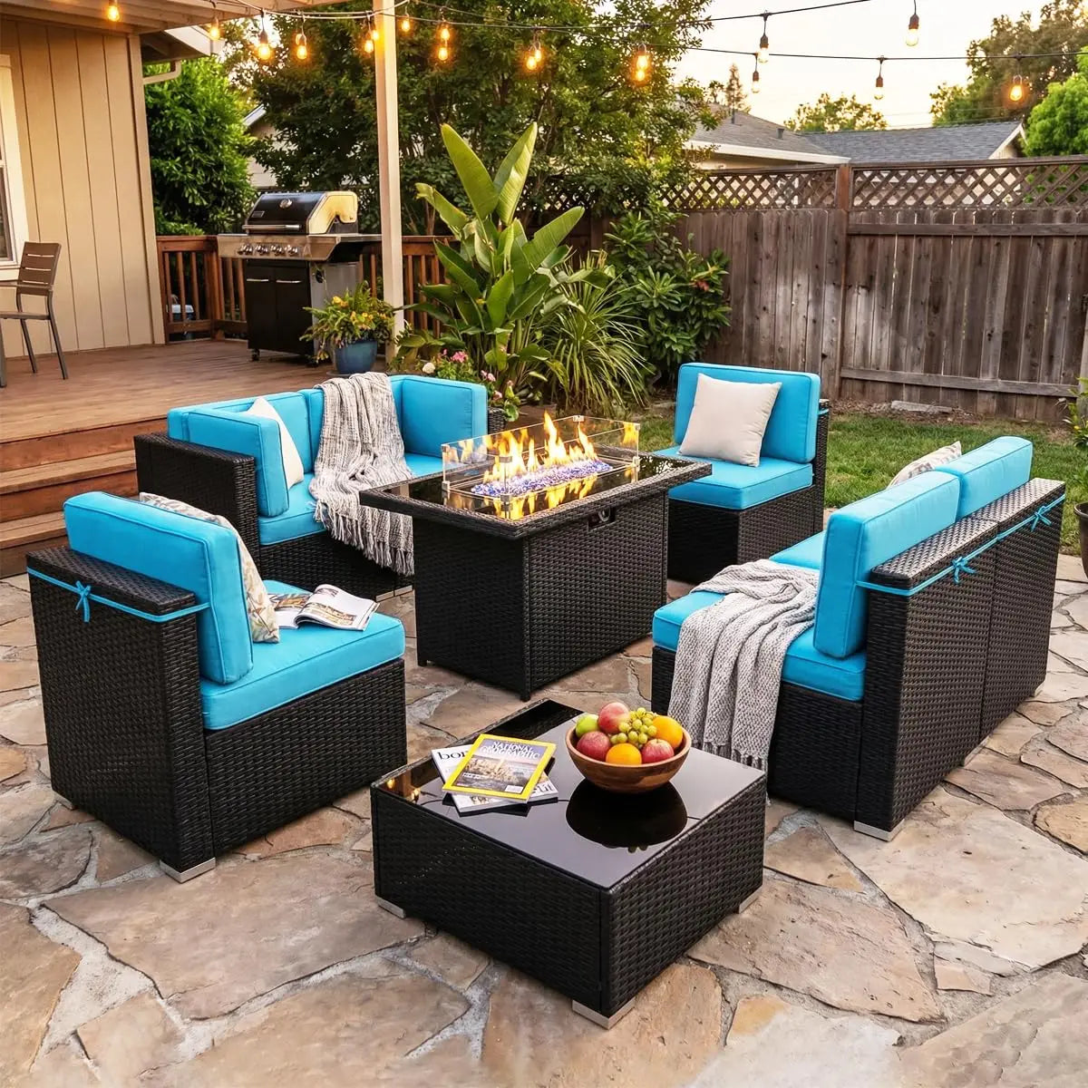 Xiaolang Outdoor Wicker Patio Sofa Set With Fire Pit Table