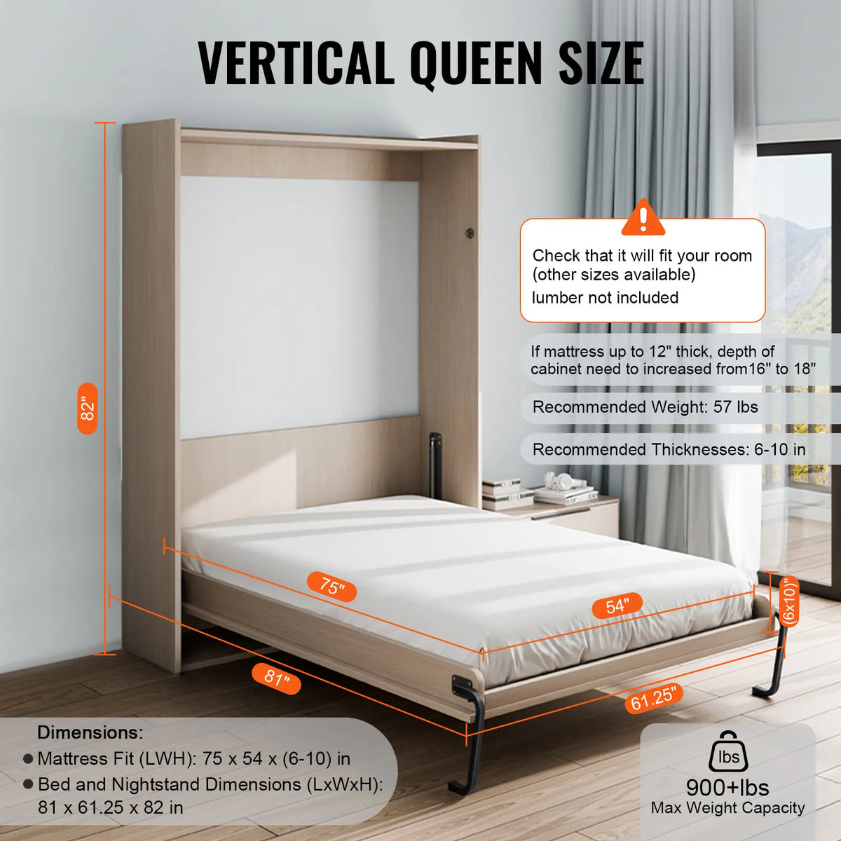 Deluxe Vertical Murphy Bed Frame Kit With Pneumatic Lever