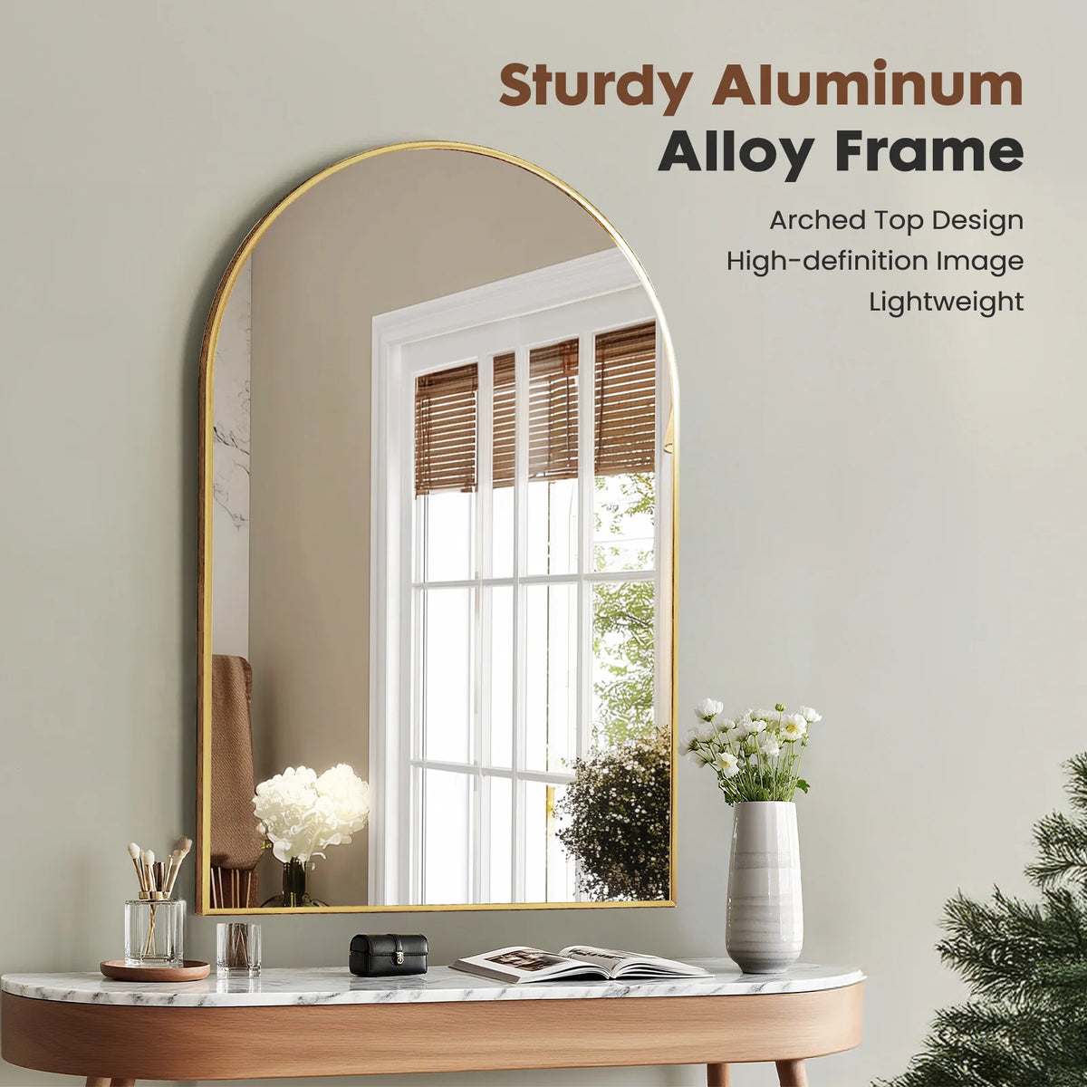 JHK Modern Arched Metal Framed Wall Mirror With Matte Finish