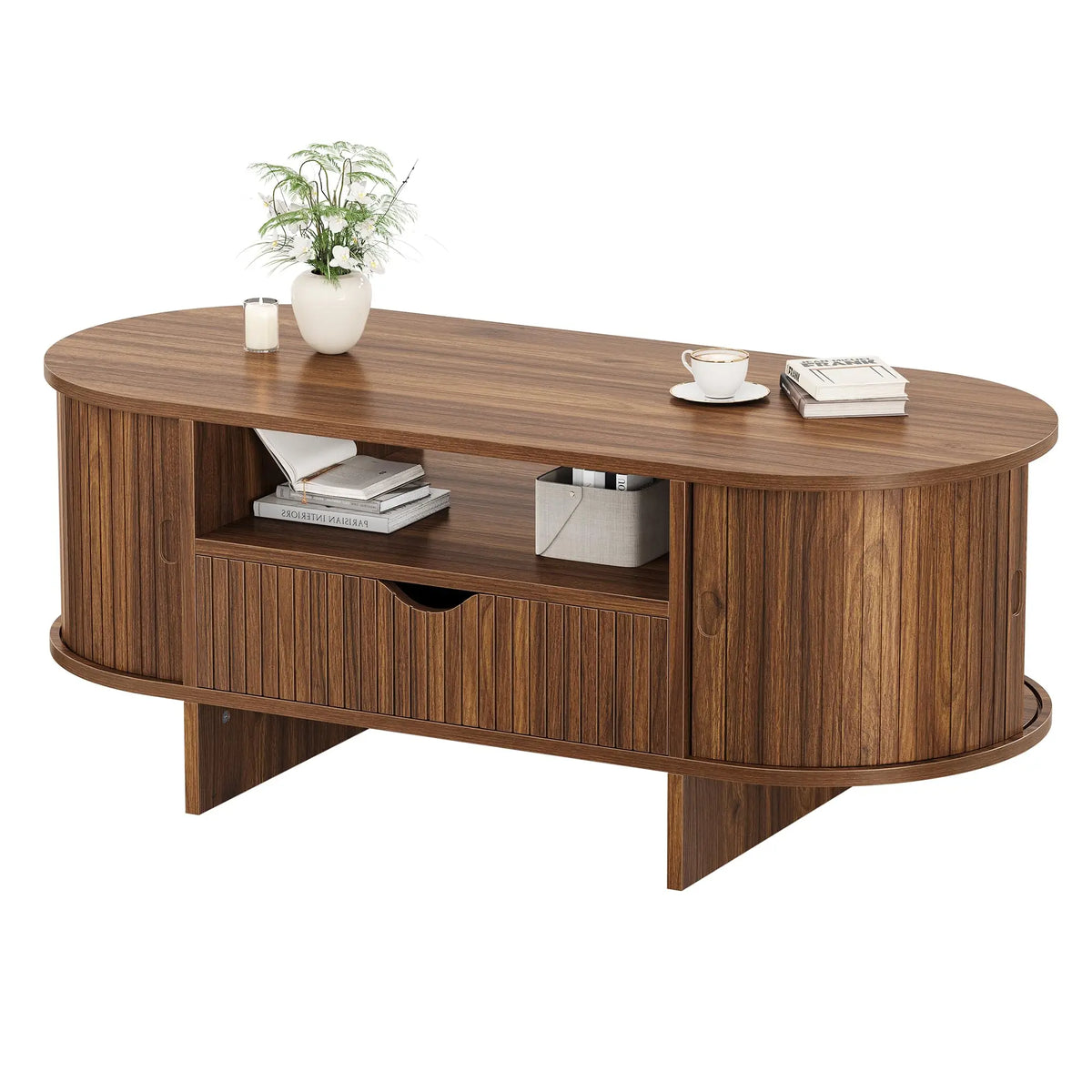 HiMiss Modern Fluted Wood Oval Coffee Table With Storage