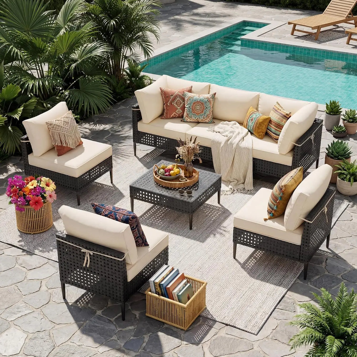 Modern Bamboo Outdoor Sectional Sofa With Glass Table