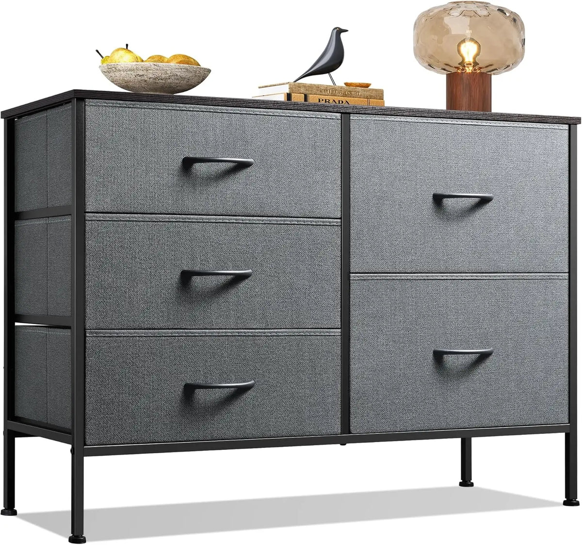 JHK Modern 5 Drawer Fabric Dresser With Metal Frame For Bedroom Living Room