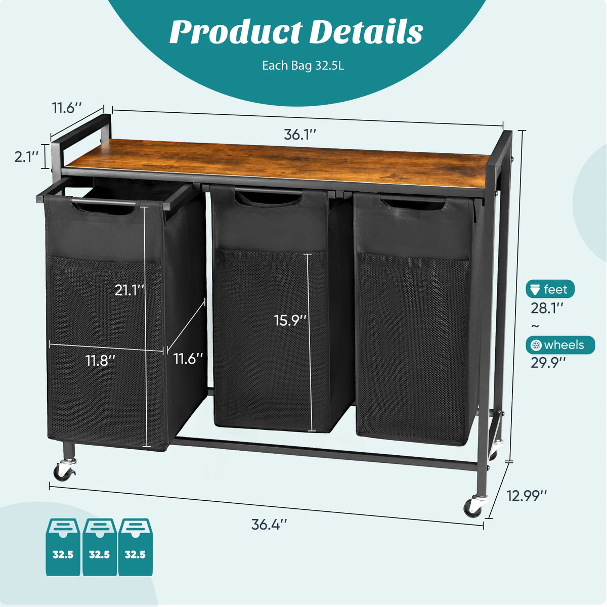 Jhk Metal Frame Laundry Basket Organizer With Removable Bags
