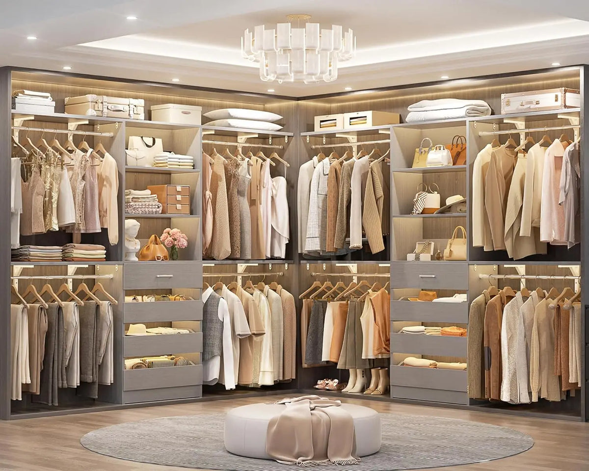 Closet System with Drawers Set of 2, Wood Closet Organizer System with 8 Hanging Rods & Top Shelves, Walk-in, Customized