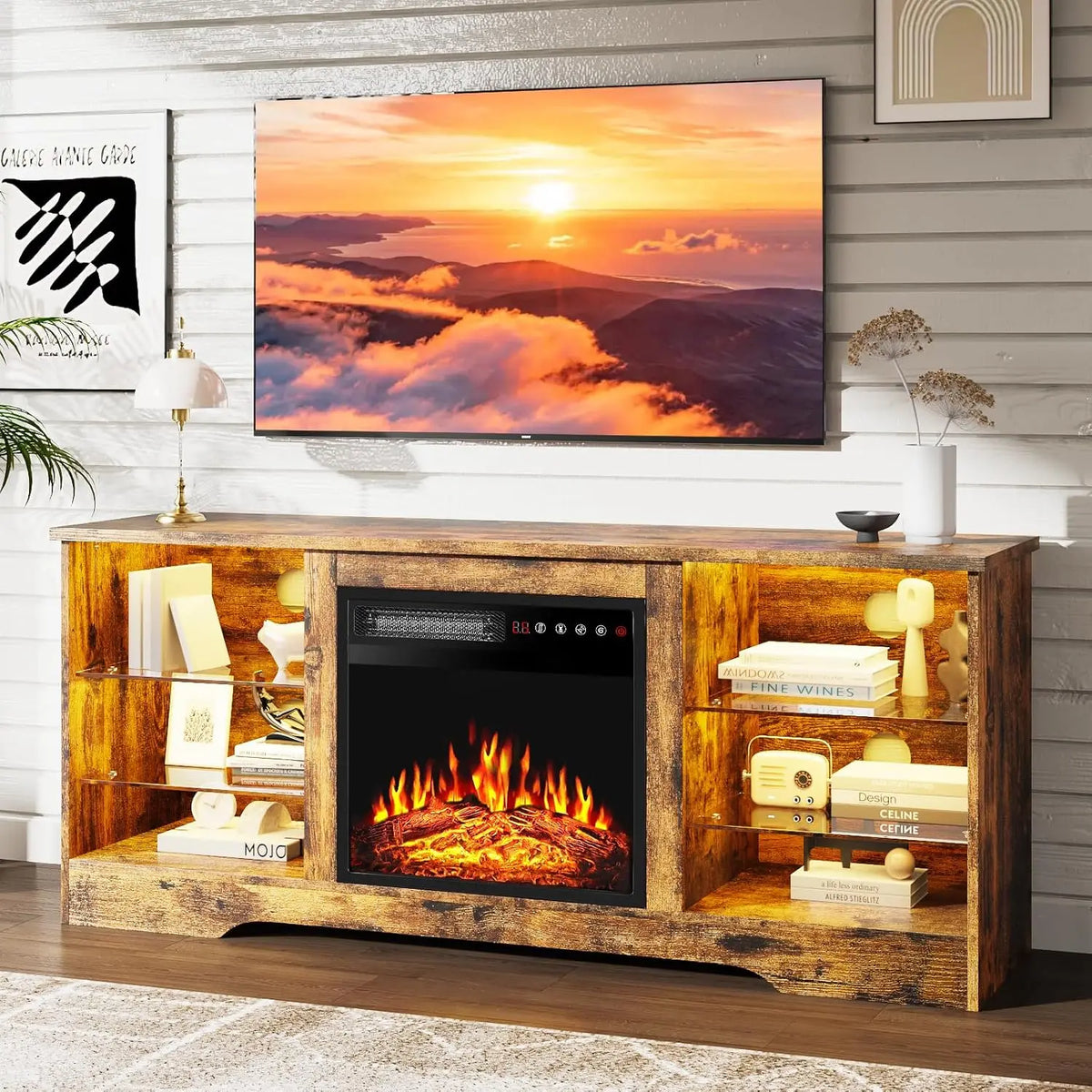 Fireplace TV Stand With Led Lights And Storage Entertainment Center