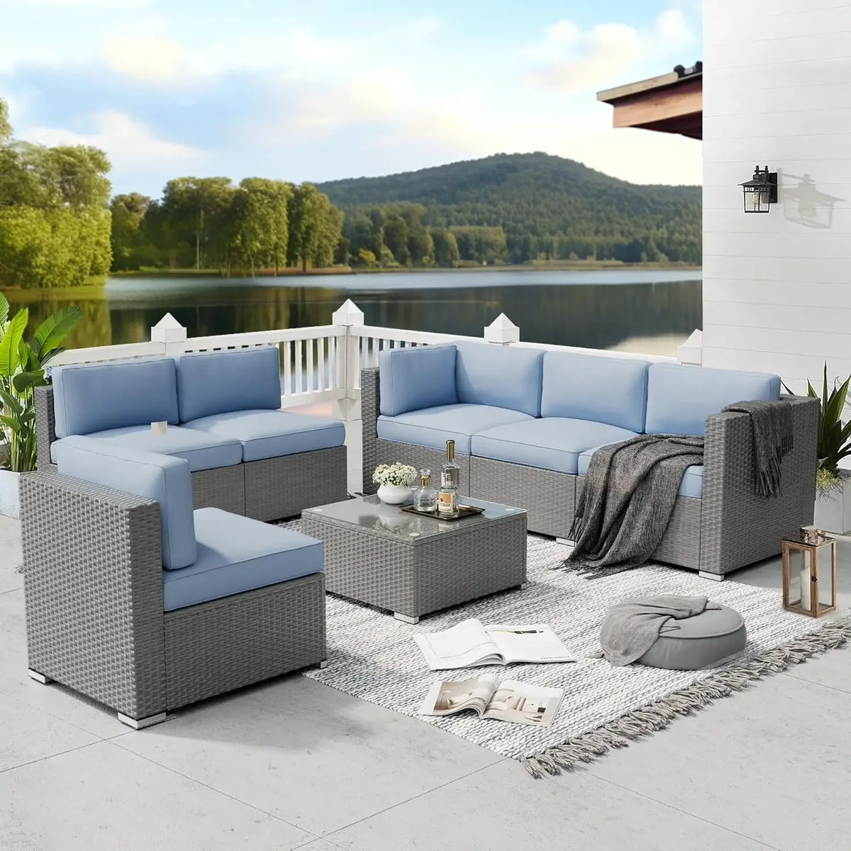 Outdoor Bamboo Patio Sectional Sofa Set with Coffee Table