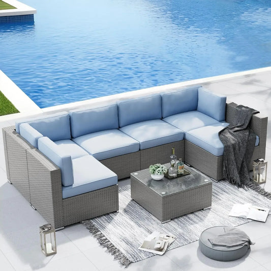 Outdoor Bamboo Patio Sectional Sofa Set with Coffee Table