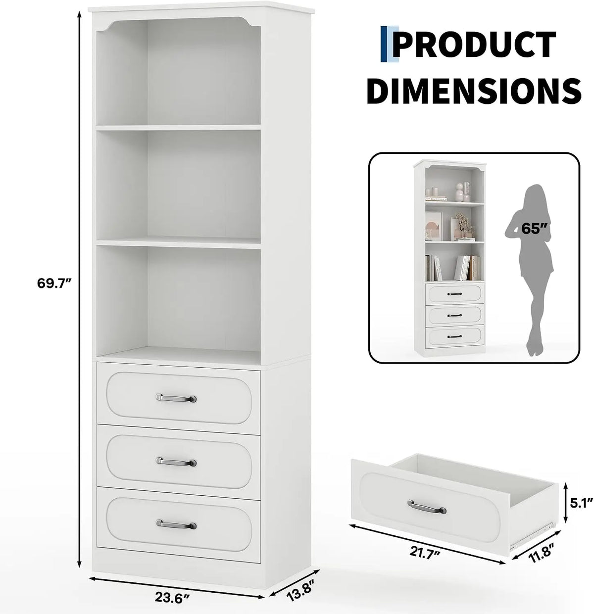 Garvee Wood Bookcase With Adjustable Shelves And Storage Drawers