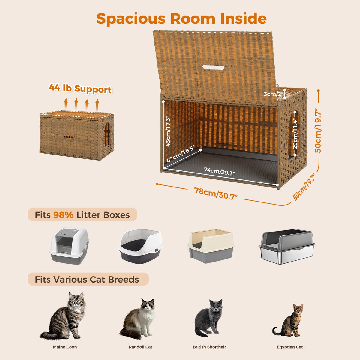 PEQULTI Rattan Cat Litter Box Enclosure With Tall Doorway