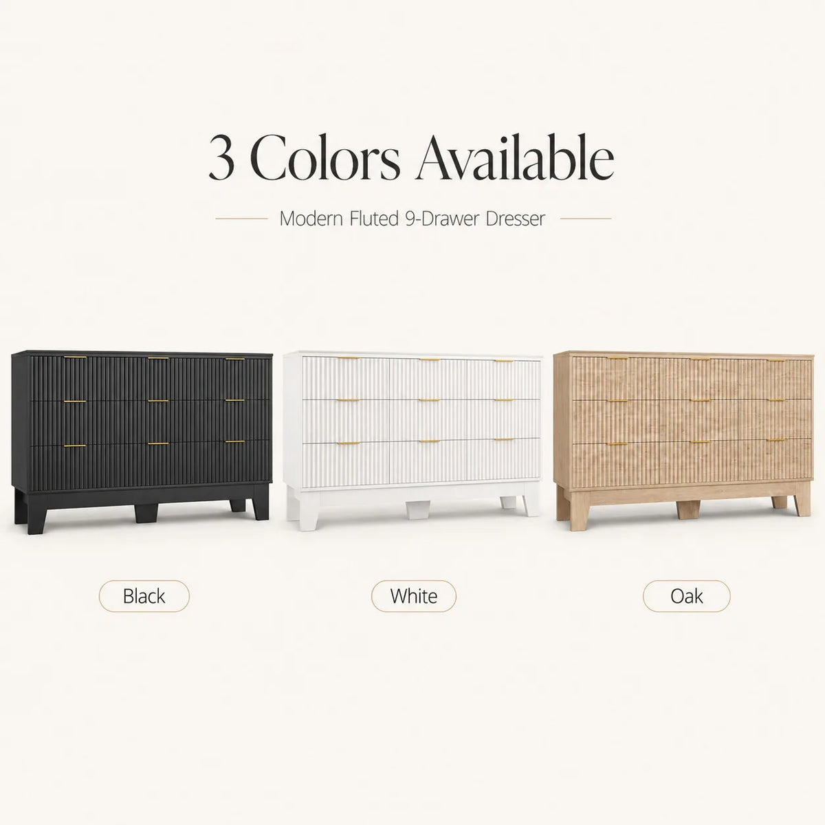 Modern Fluted Wood Nine Drawer Dresser With Storage Cabinet