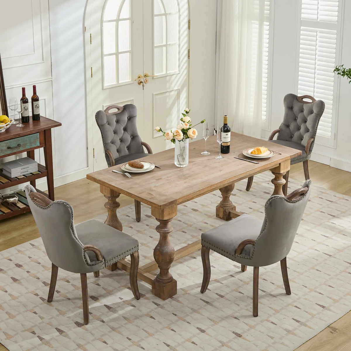 Tufted Dining Chairs With Metal Frame And Wooden Handles