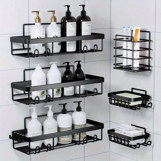 6 Pack Shower Caddy Shelf Organizer Rack, Self Adhesive Black Bathroom Shelves Basket, Bathroom Accessory Decor Set, No Drilling
