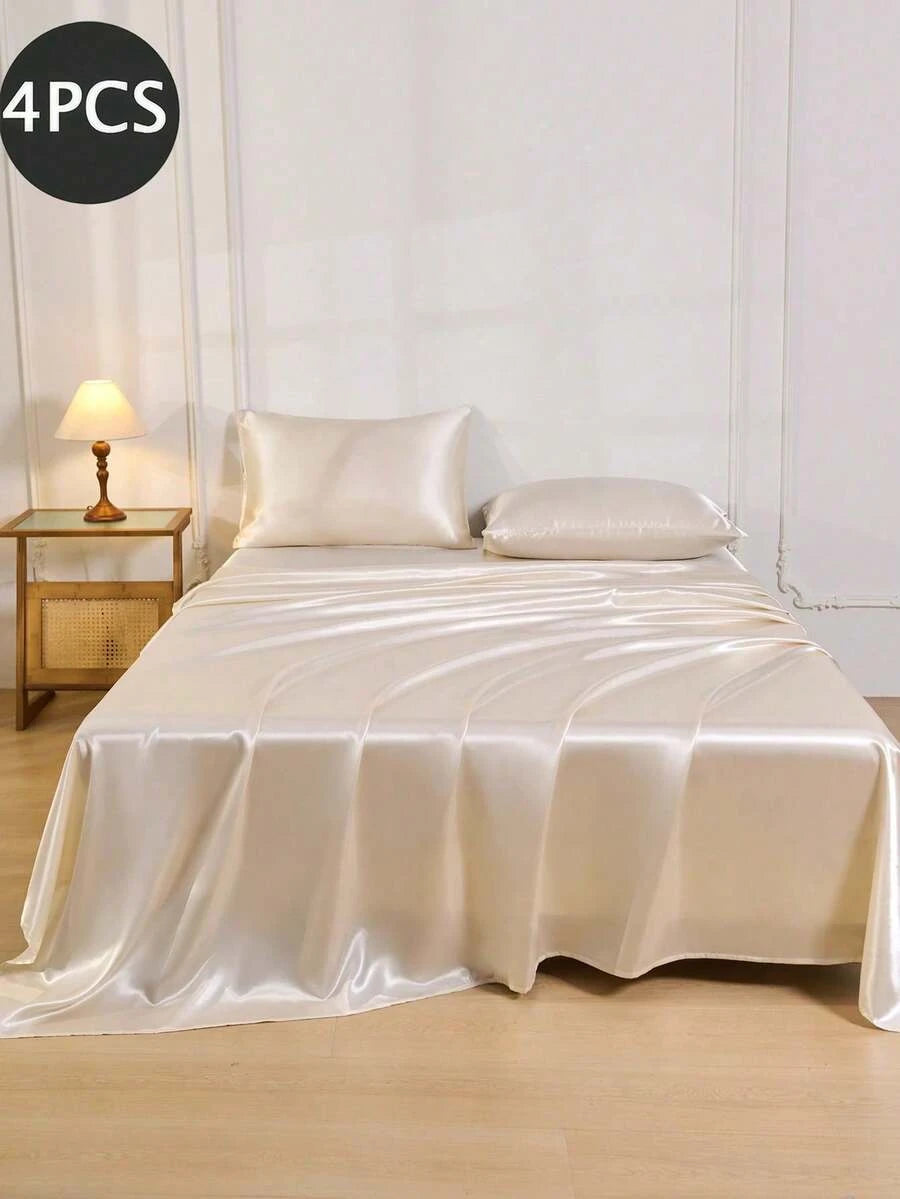 Premium Solid Color Silky Satin Bedding Set 4Piece Fitted Sheet Pillowcases