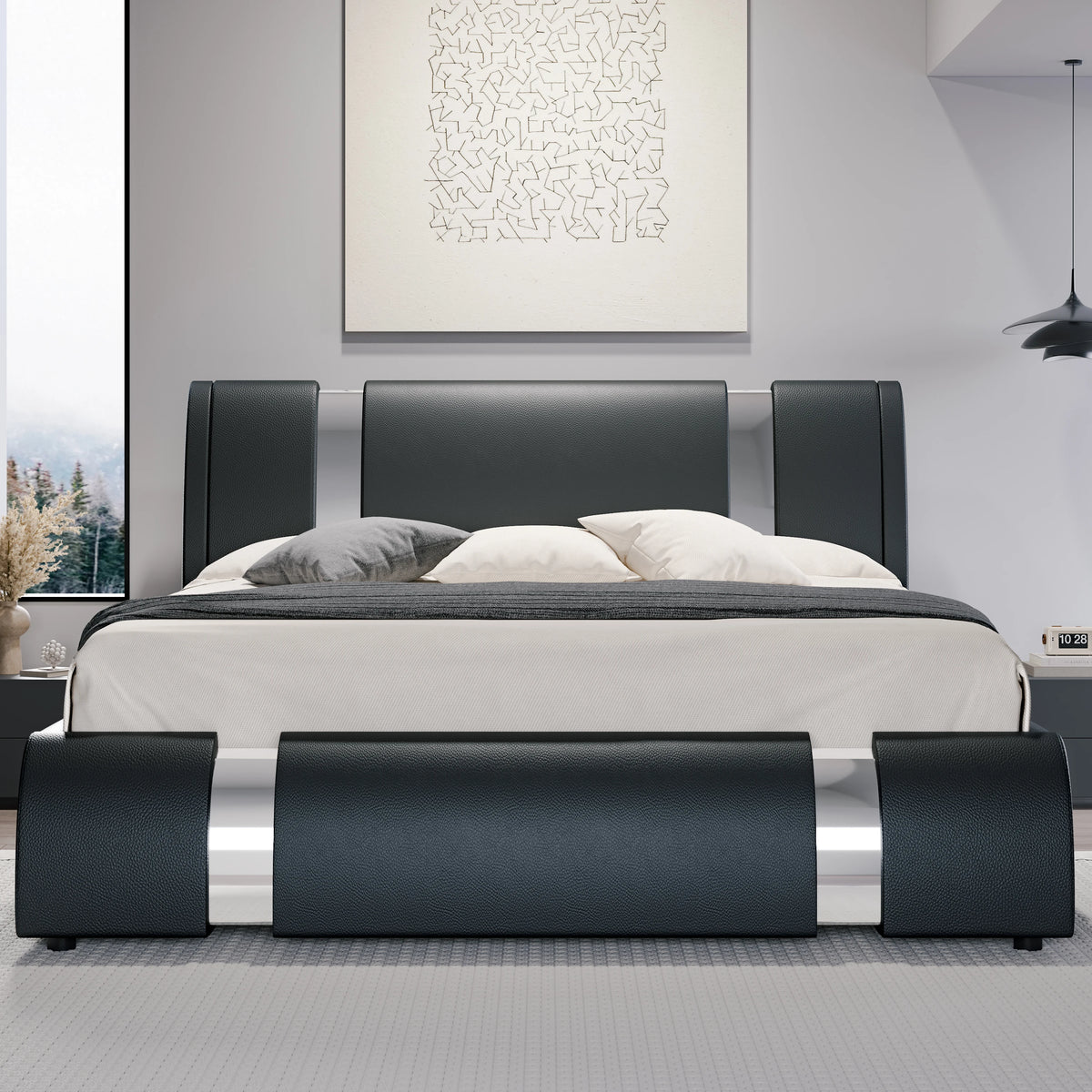 HOOMIC Modern Faux Leather Platform Bed With Adjustable Headboard